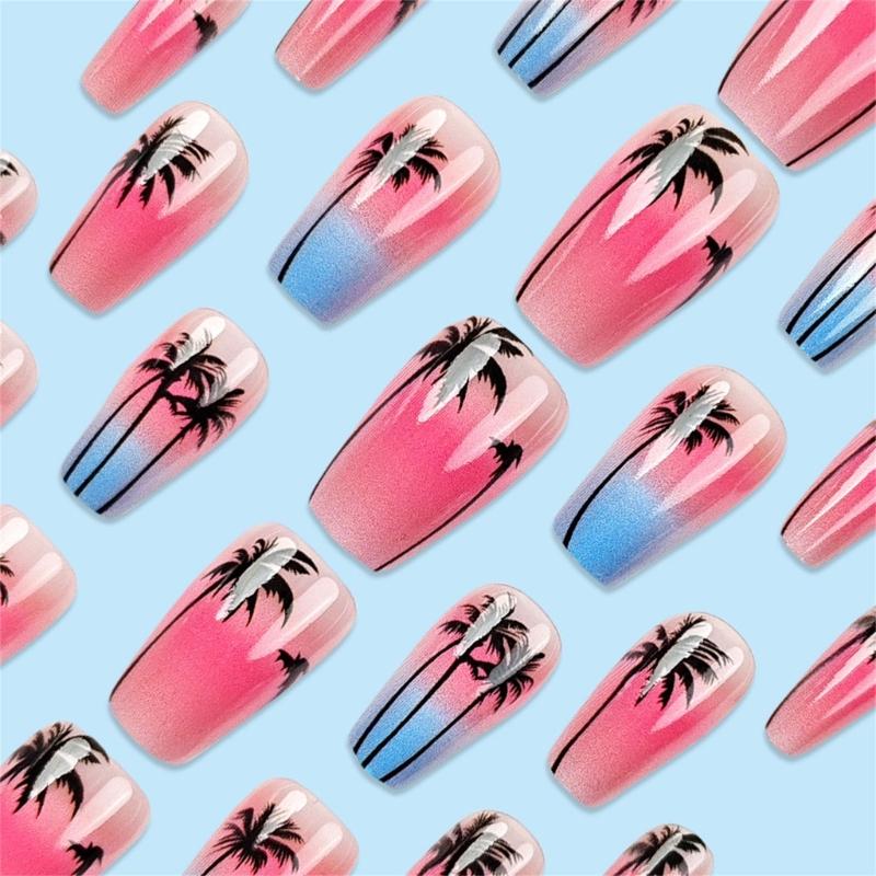 24pcs Medium Length Summer Press on Nail Full Cover False Nail with Seaside and Coconut Tree Designs
