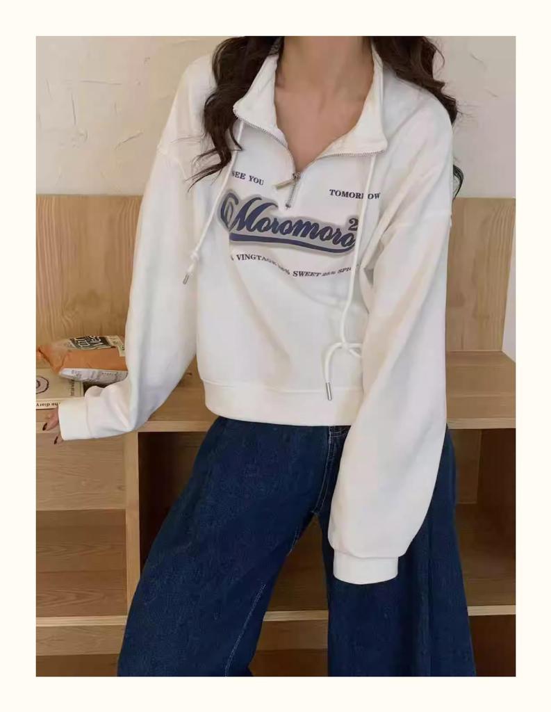 European Style Plus Size Stand Collar Sweatshirt for Women - High Waist, Slimming, Short Top for Spring & Autumn 2025