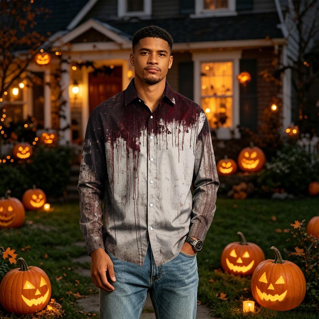 Men's Long Sleeve Halloween Printed Button Down Shirt