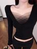 Chic Black Gradient V-Neck Mesh Long-Sleeve Base Layer Top for Women