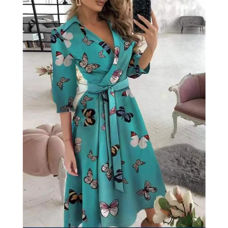

New Spring Women s French Style Lapel V-Neck Dress, Long Sleeve Belted Waist Elegant Fashion Midi Dress for Office & Casual Wear S озеро синий
