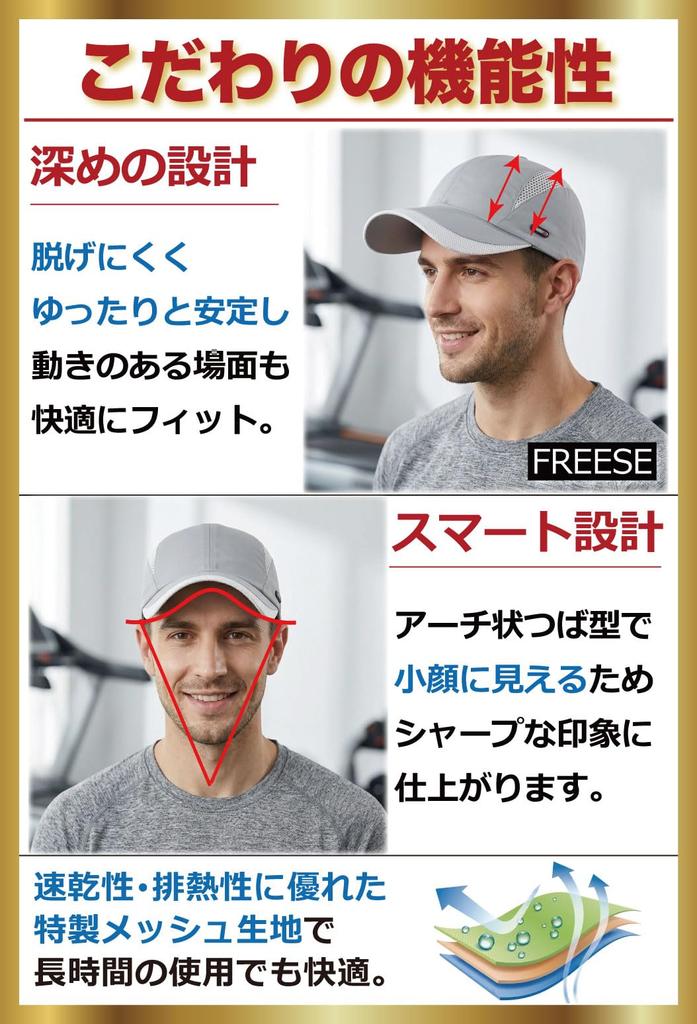 Sports UV Protection [FREESE] Men's Cap, Running/Jogging, Moisture-Wicking, Quick-Drying, Mesh, (Light Gray)