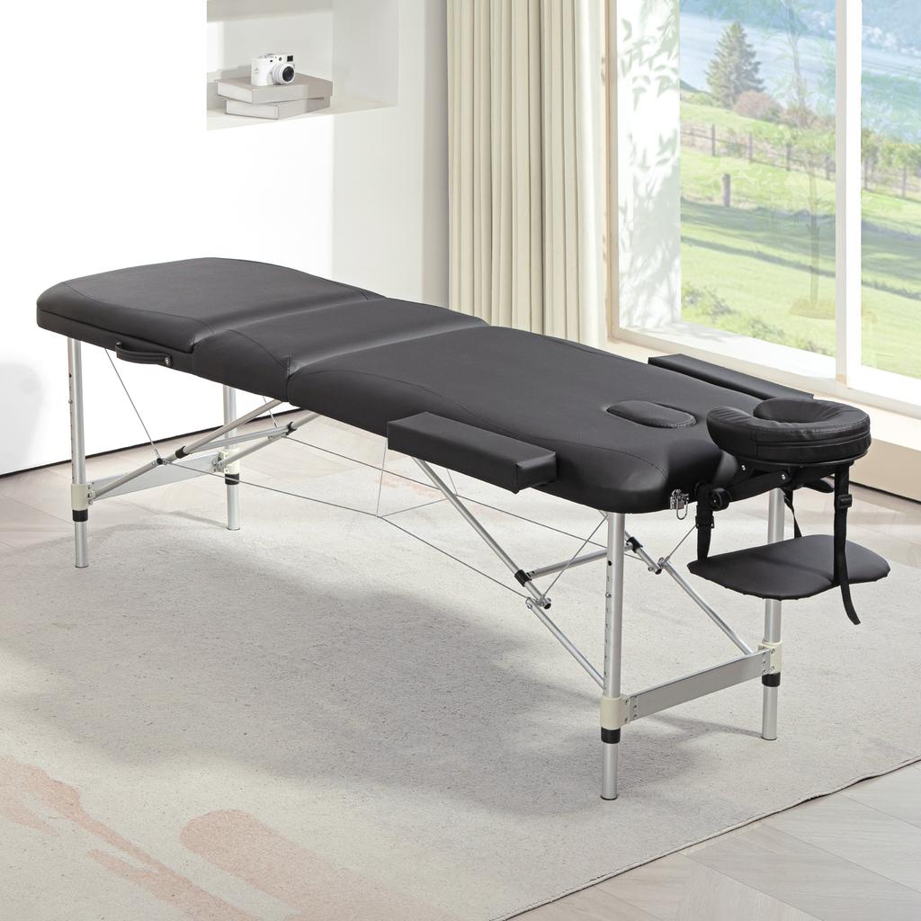 Foldable Massage Table with Adjustable Height, In Aluminium and Plastic, 215x81x61-84 Cm, Black