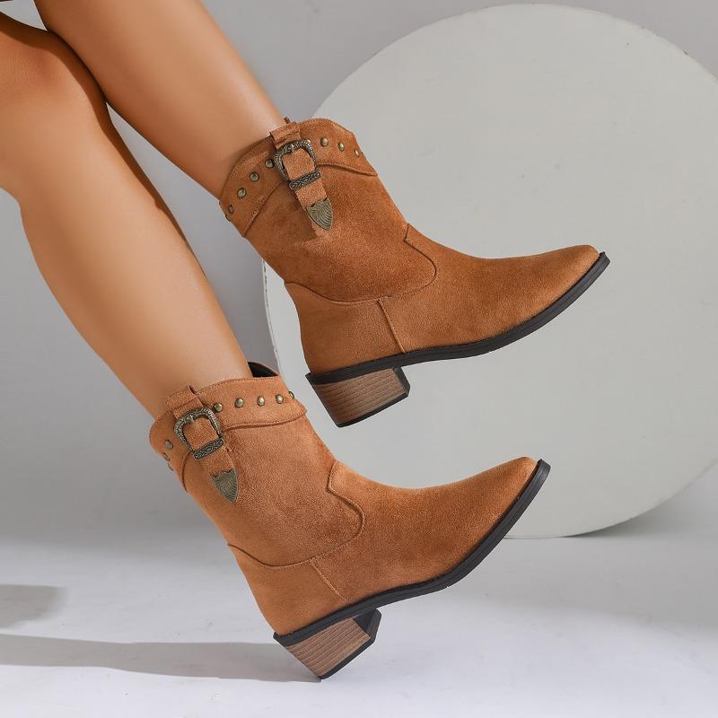 Fashion Simple Ankle Boots Fashionable All Round Toe Square Heel Retro Mid Calf Boots For Women High Heels Women'S Boots