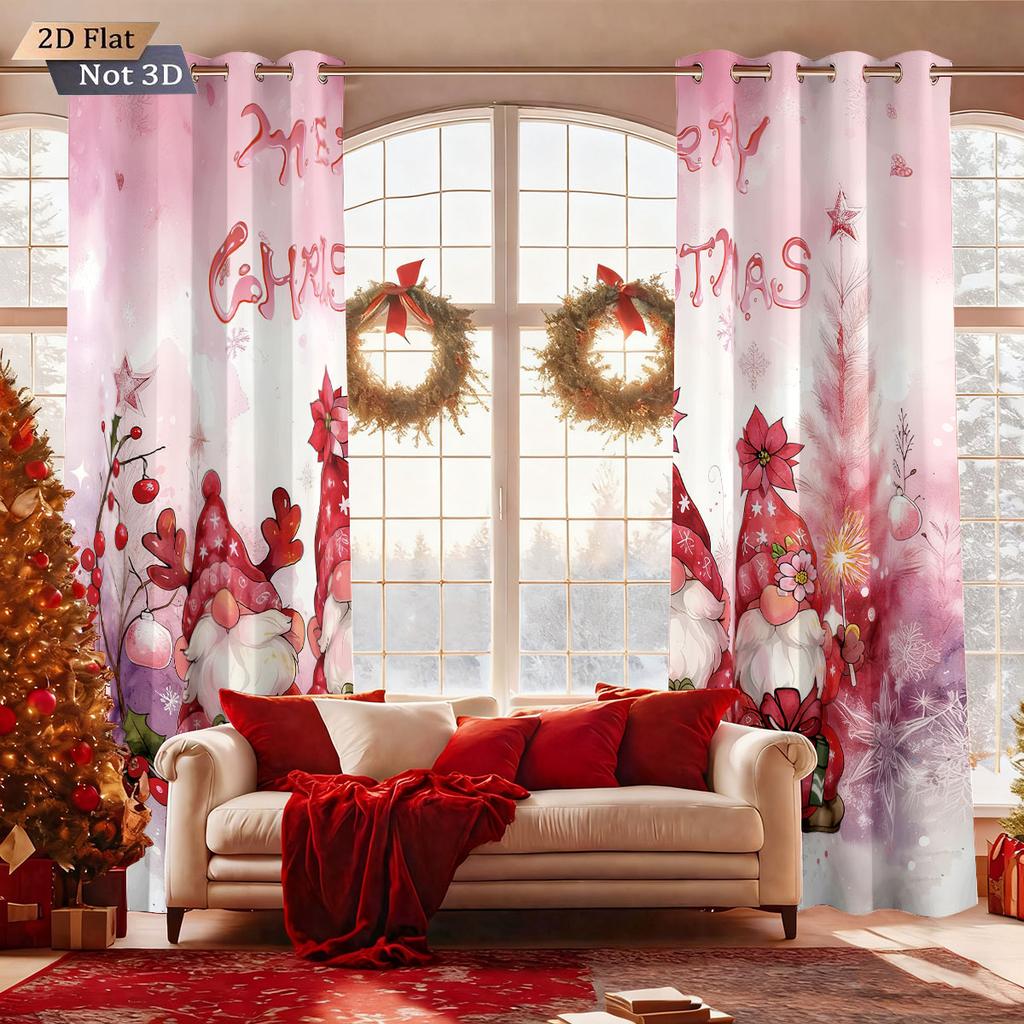 2Pcs Pink Romantic Christmas Merry Christmas Goblin Print Blackout Curtains Multi Size Living Room Insulation Holiday Decoration