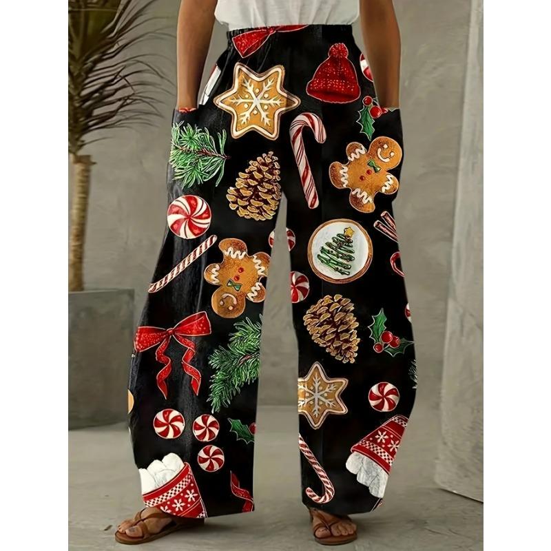 Plus Size Fashion Women 1XL-5XL Casual Loose Christmas Printing Long Wide Leg Yoga Pants Pocket Lounge Pants Pajama Pants