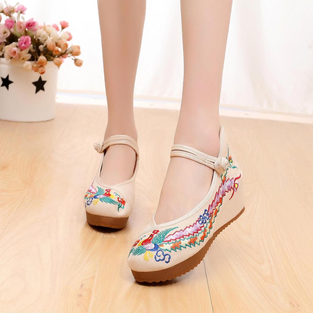 Embroidered Colorful Phoenix Cloth Wedding Shoes - Ethnic Style Square Dance Flats