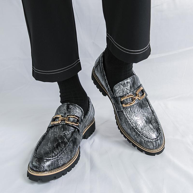 Fashion New Retro Print Pattern Leather Loafter Men's Metal Chain Casual Shoes Designer Formal Wedding Dress Homecoming Footwear