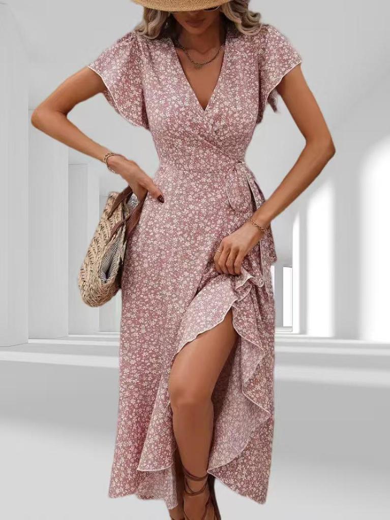 Bohemian Floral V-Neck Short Sleeve Wrap Dress with Belt
