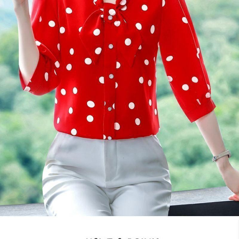 Modisches, viertelärmeliges Chiffon-Hemd mit Schalkragen, bodenlange Bluse, schmale Passform, Sommer, dünnes, kurzes Polka-Dot-Print-Top, M-5XL