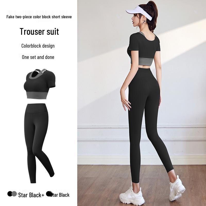 

Персиковый цветной блок Топ с коротким рукавом и Фитнес-комплект с высокой талией и эффектом лифтинга бедер Medium