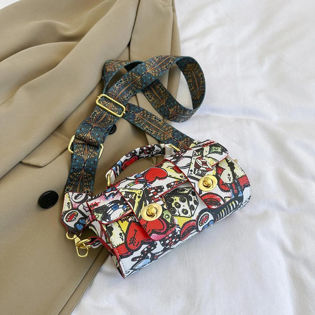 Animated Graffiti Bag for Women  Wide Strap  Small Shoulder Bag  Square  Crossbody  Phone Bag  Feminine Fashion  New Designer