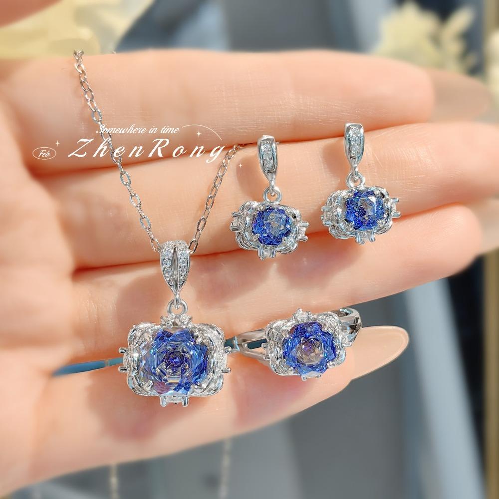 

Octagonal Tanzanite Pendant Necklace with High Carbon Diamond Yellow Gold Earrings Pink Diamond Ring Women Jewelry Set