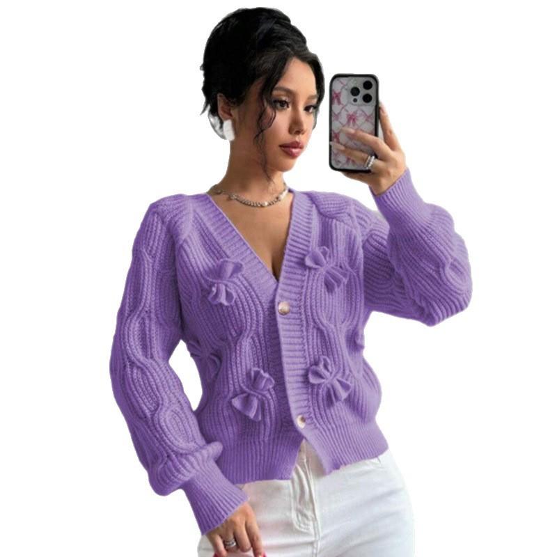 Womens Winter Solid Color Knit Cardigan With Bow Detail V-Neck Short Cropped Sweater