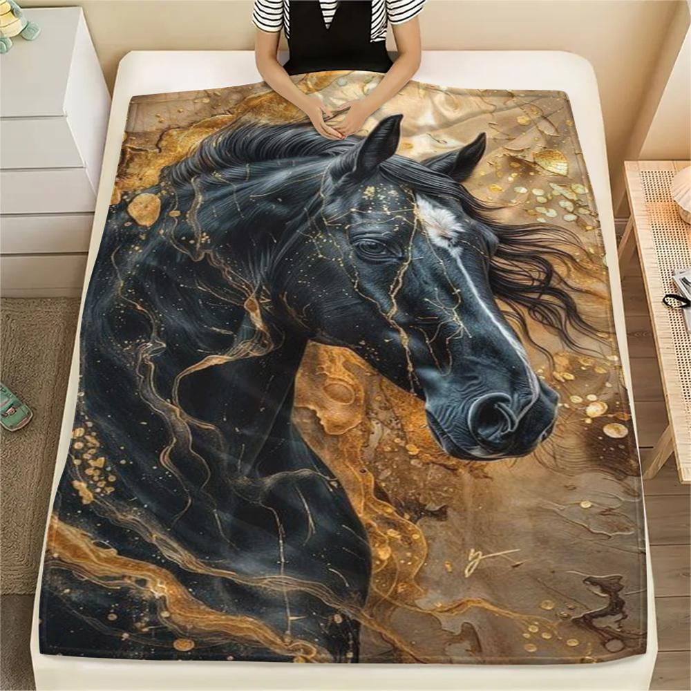 1Pc Black Horse Print Flannel Blanket, High Quality Comfortable for All Seasons, Home Decor, Warmth and Comfort, Perfect for Gifts