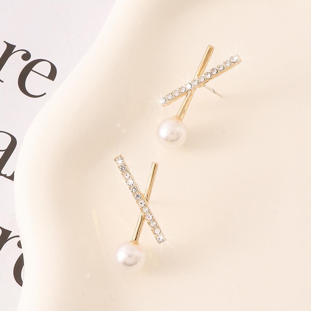 Cross Design Earrings with Cubic Zirconia Accents and Imitation Pearl Studs for Women Fashion Jewelry Accessories