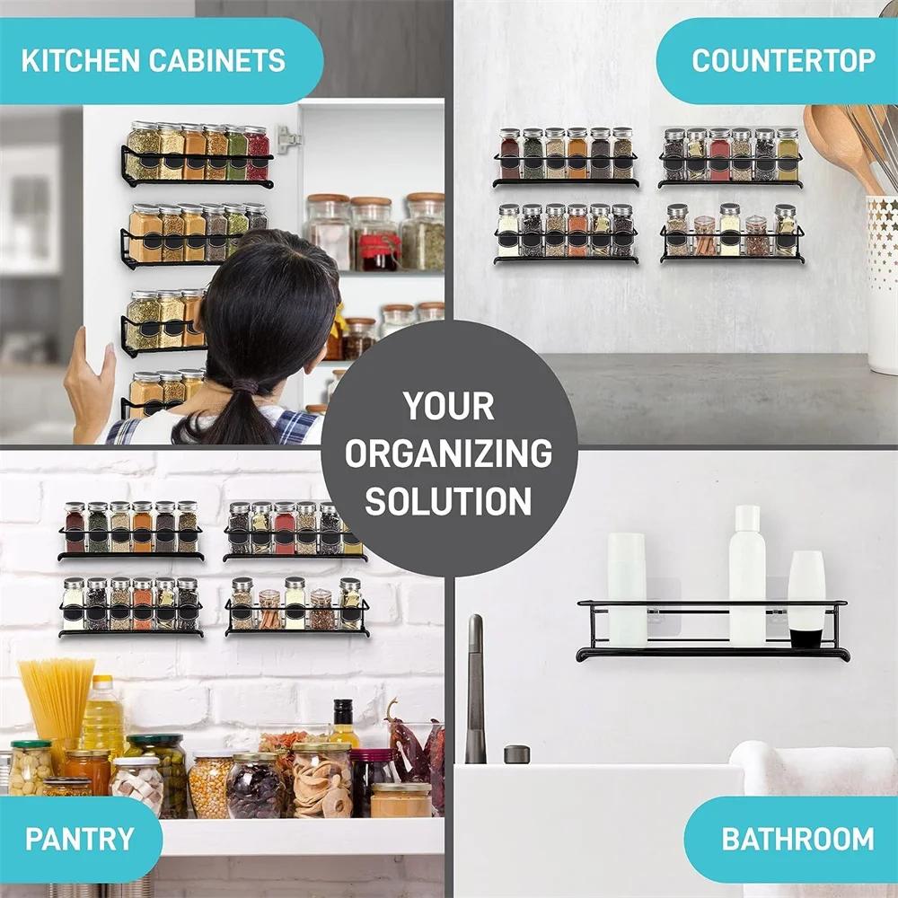 4 Pack Spice Rack Wall Mounted Stainless Steel Metal Hanging Racks For Seasoning Jar Kitchen Cupboard Home Organiser Pot Holders