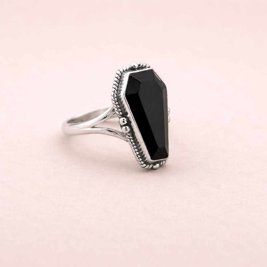 Anello a Bara in Onice Nero Argento Sterling 925, Anello Statement Gotico Boho, Anello Fatto a Mano con Pietra di Onice, Gioielli Minimalisti