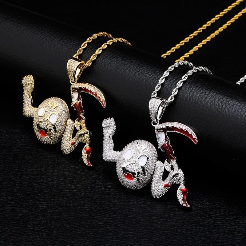 Hip Hop Classic Cartoon Character Scythe Monster Copper Zircon Pendant Necklace Gold