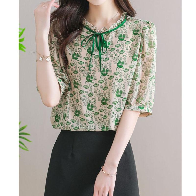 

Елегантна шифонова блуза з принтом для жінок Літня мода Універсальна сорочка з короткими рукавами Літній жіночий одяг XXXL зелений