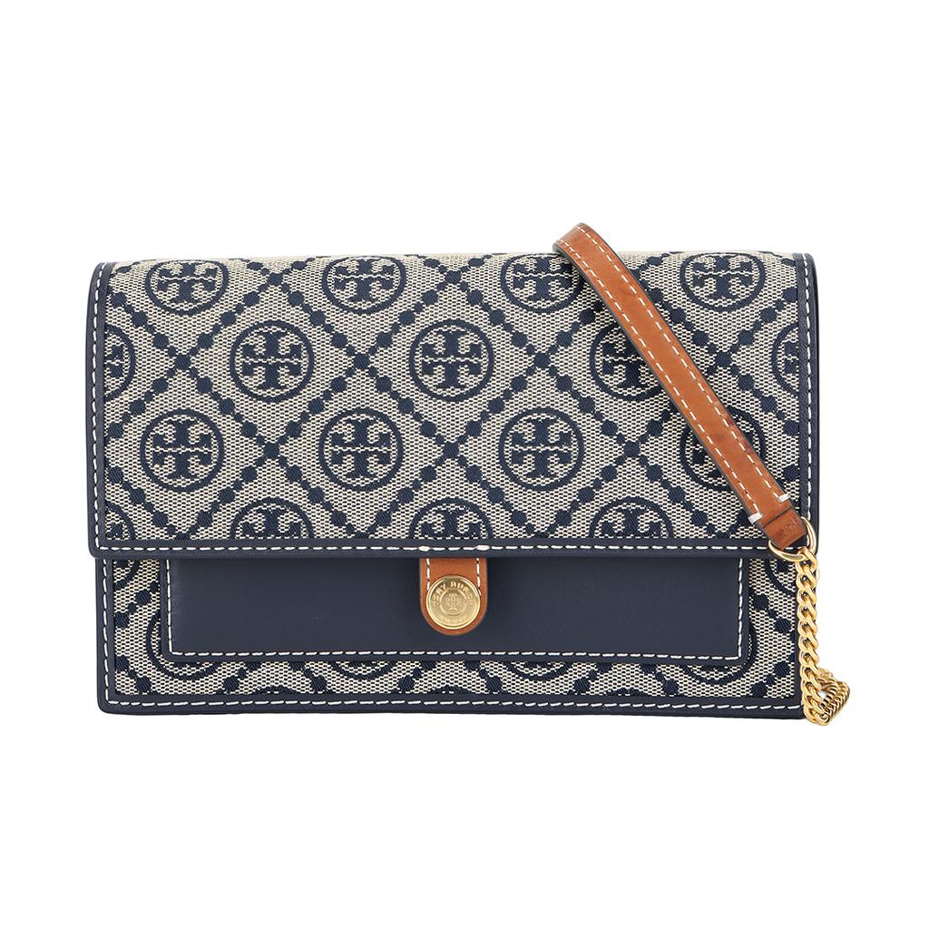 Tory Burch T Monogram Double T Logo Jacquard Magnetic Snap Chain Shoulder Strap Crossbody Bag Women Crossbody Bag Navy-Blue 149061-405