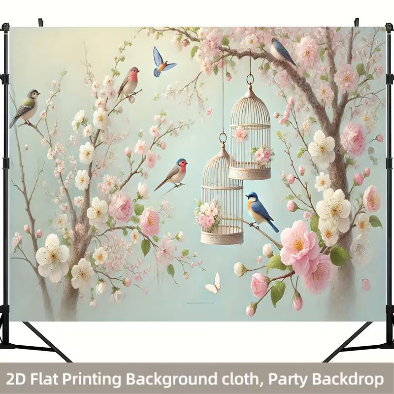 2D Printed Spring Cherry Blossom Tree Backdrop, Cute Birds & Vintage Bird Cage Photo Background for Birthday Party