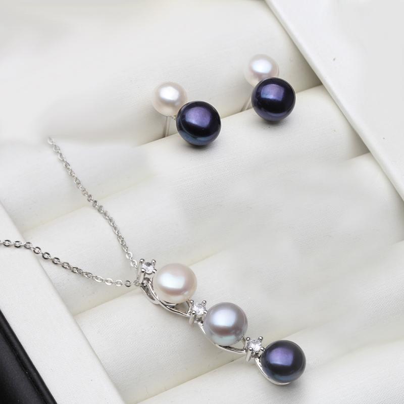 Real Natural Pearl Necklace And Earring Set Woman,Luxury 925 Silver Pearl Jewelry Set Wife Mother Birthday Gift White Black