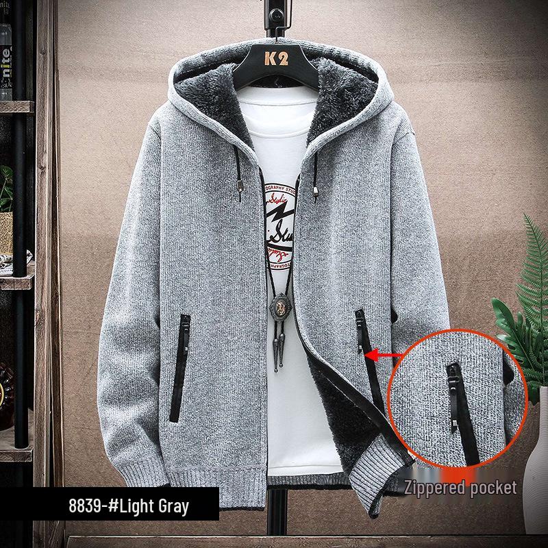 Men's Versatile Zipper Pocket Hooded Thick Knit Jacket for Autumn & Winter