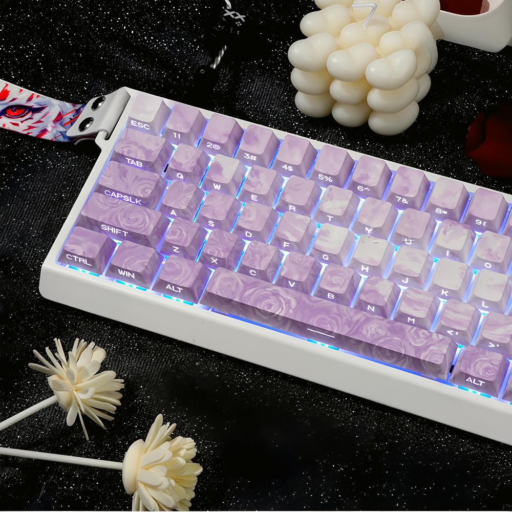 Purple Rose Coast Theme PBT Dye-Sub Keycaps, 131 Keys Side Engraved, Cherry Profile MX Compatible, Multi-Layout Mechanical Part