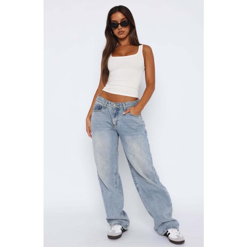 Damen Hottie Vielseitige Einfache Mittelhohe Nicht-Stretch Straight Leg Denimhose