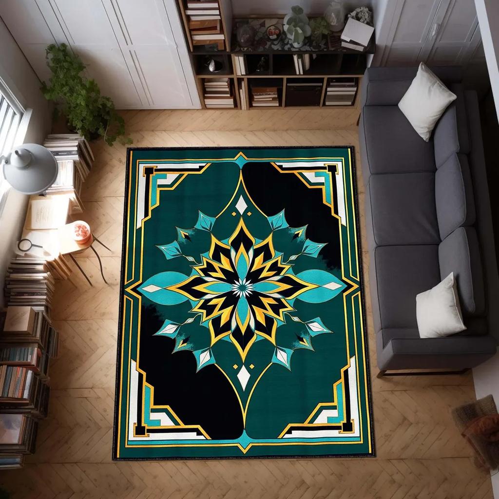Blue Art Deco Area Rug Geometric Vintage Style Carpet Bold Glam Floor Mat for Modern, Elegant Rug Luxury Home Decor, Modern Rug