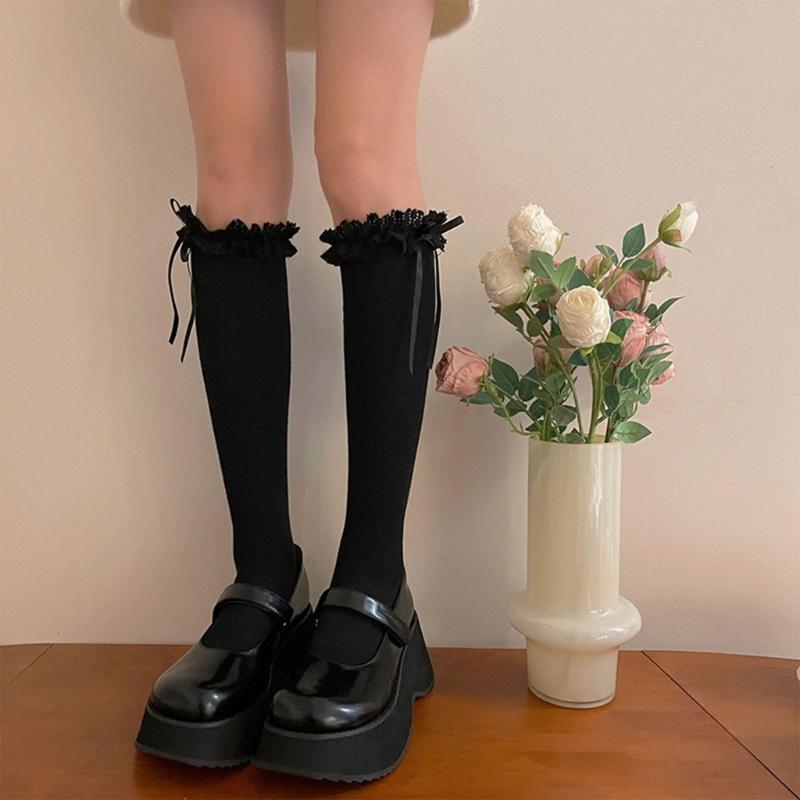 Ballet Style Bow Knee High Socks Lolitas Lace Ruffle Frilly Calf Socks JK Students Girls Stockings Sweet Knee Highs