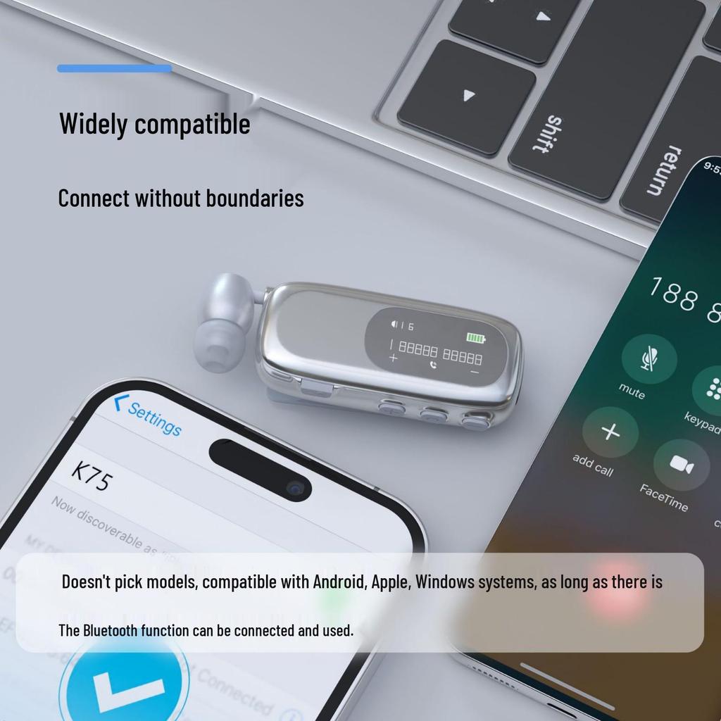 K75 Clip-on Bluetooth Earbud: Single In-ear, Long Battery, Fast Charging, Smart Display, Cycling Noise Cancellation