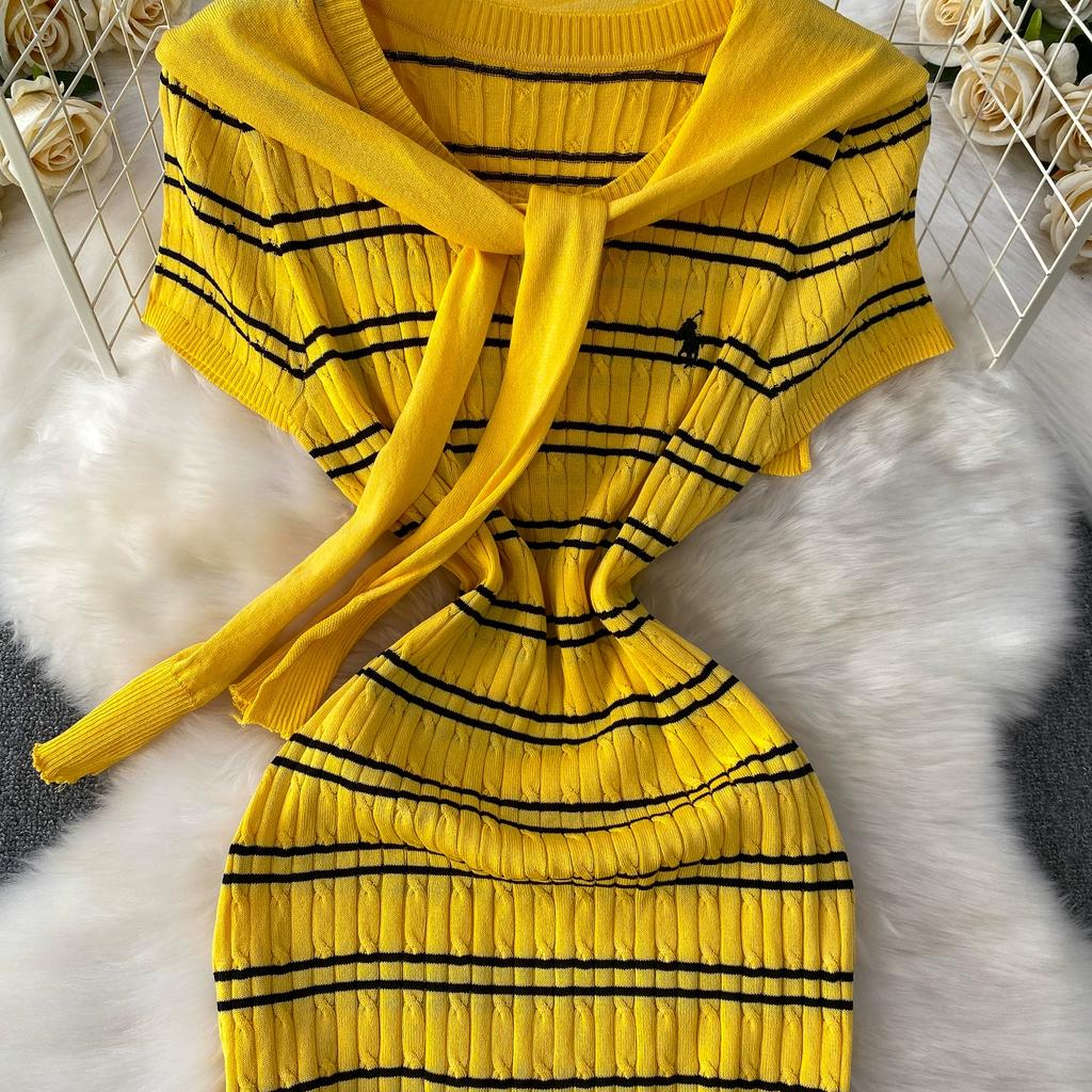 Sommer Damen Casual Kurzarm Gestreifter Strickpullover Mini Etuikleider mit Schal