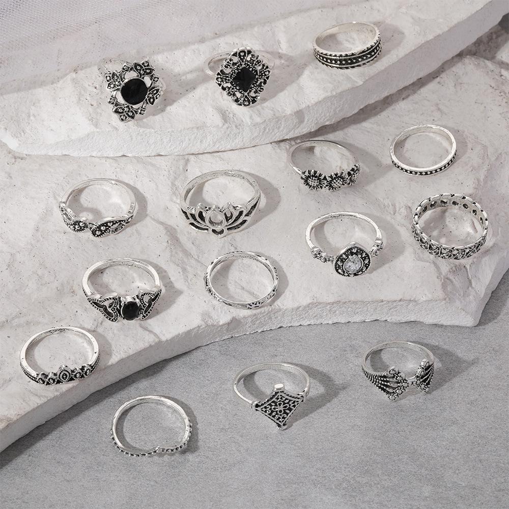 Bohemian Retro Antique Silver Lotus Ring Set for Women - 15 Pieces