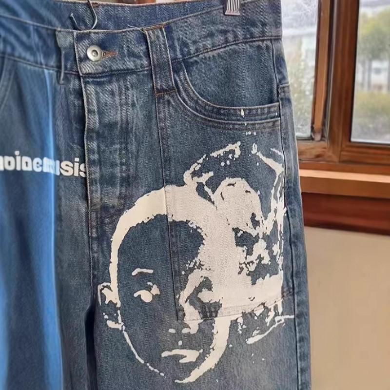 Y2K Retro Streetwear Wide-Leg Denim Pants With Washed Letter Print Unisex Loose Fit Jeans