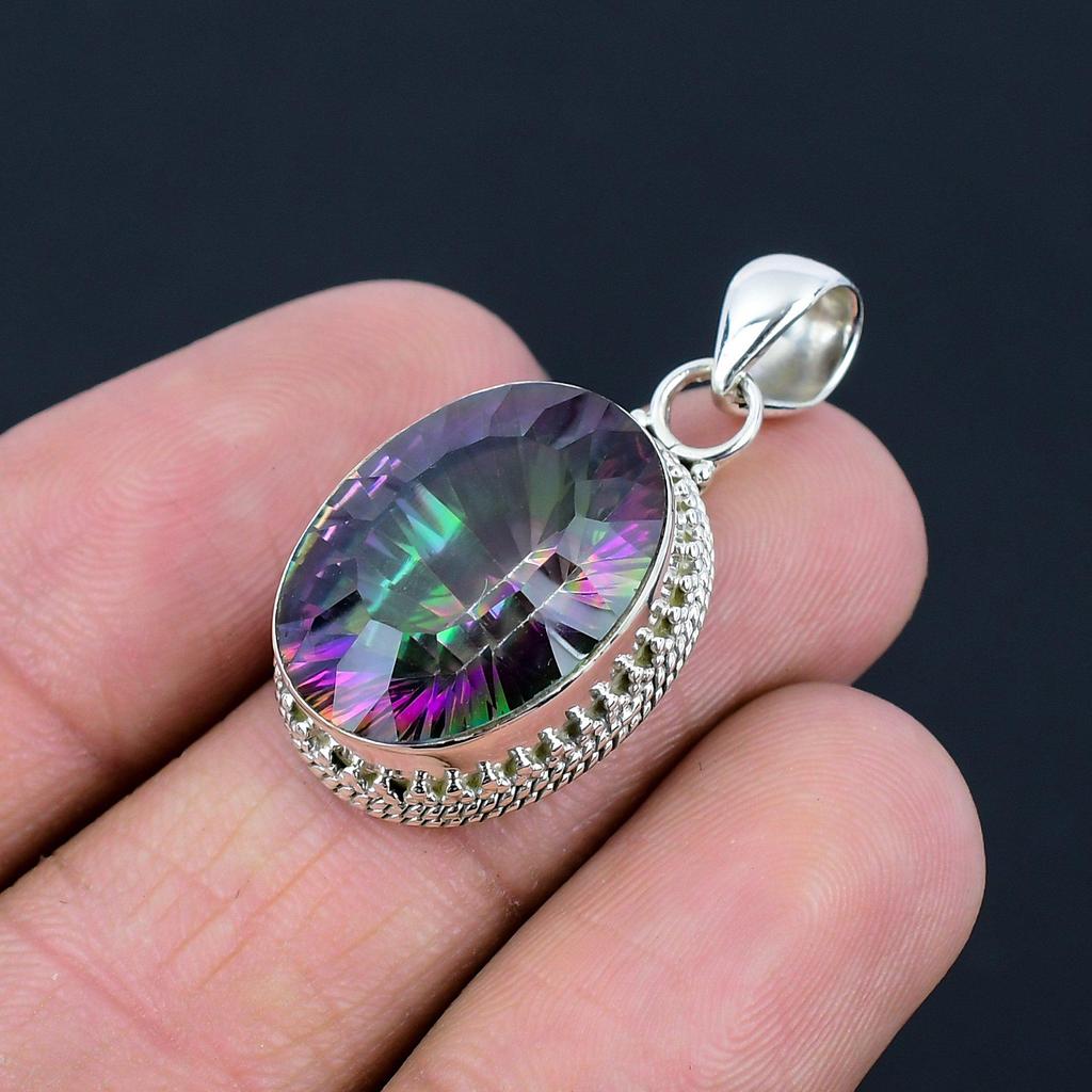Natural Mystic Topaz Gemstone, 925 Sterling Silver, Multicolor Gemstone, Handmade Bezel Set Pendant Jewelry, Valentine's Day Gift For Love