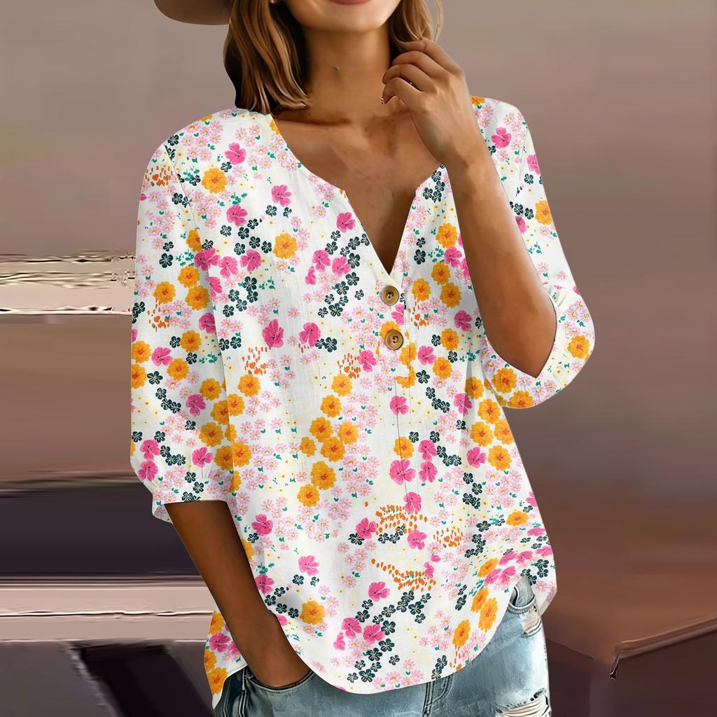 Women's Fashion Printed Henley Button Neck Shirt Three Quarter Sleeve Cotton Linen Blend Casual Top