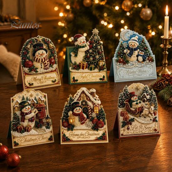 DIY Christmas Card Kit Kit, 3D Pop-Up Faux Pearl Art Snowman Santa Elk Craft Kits Wreath Card, Handmade Xmas for Family And Friends Holiday