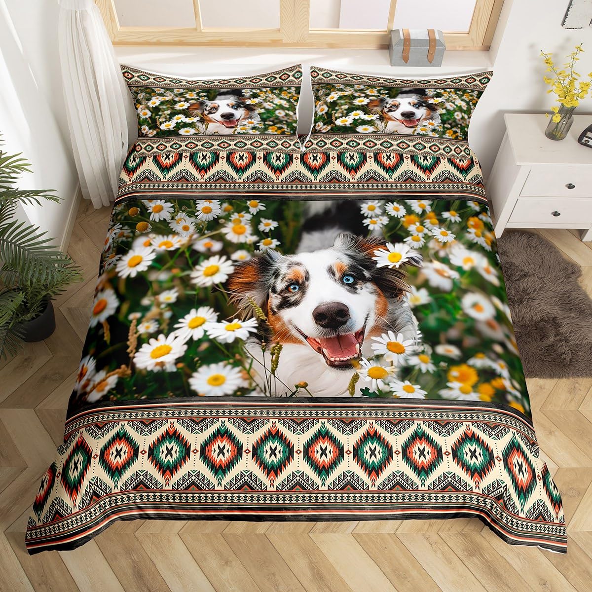 

Dog And Flowers Duvet Cover For Kids Teens Queen Size Lightweight Quilt Covers Spring Themed Bedding Set Bedroom Decor No Quilt EU Single(135x200cm)