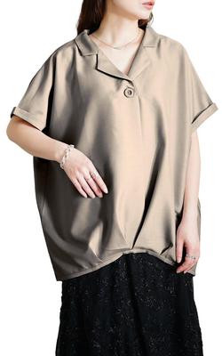 Gold Japan Große Größen Kühlendes kurzes Dolman-Oberteil, offen, Beige, Damen Top, Hemd/Bluse, Haptik, Ärmel, Stil, Kragen, Falte, Frühling, Sommer, Herbst, sw-0771, 5L,