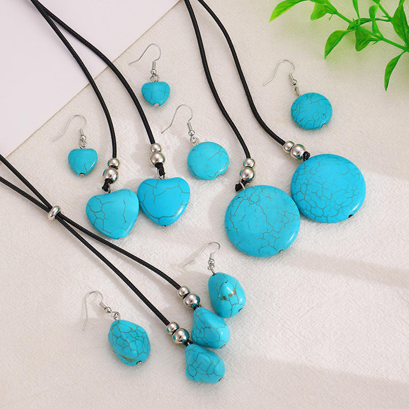Women Fashion Stone Pendant Necklace Earrings Set Charming Love Round Shape Pendant Necklace