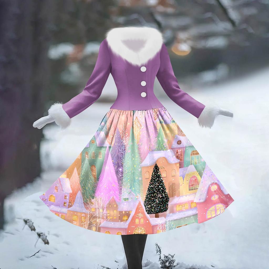 Women's Casual Dress Long-Sleeve V-Neck Patchwork Fleece Christmas Print Dress