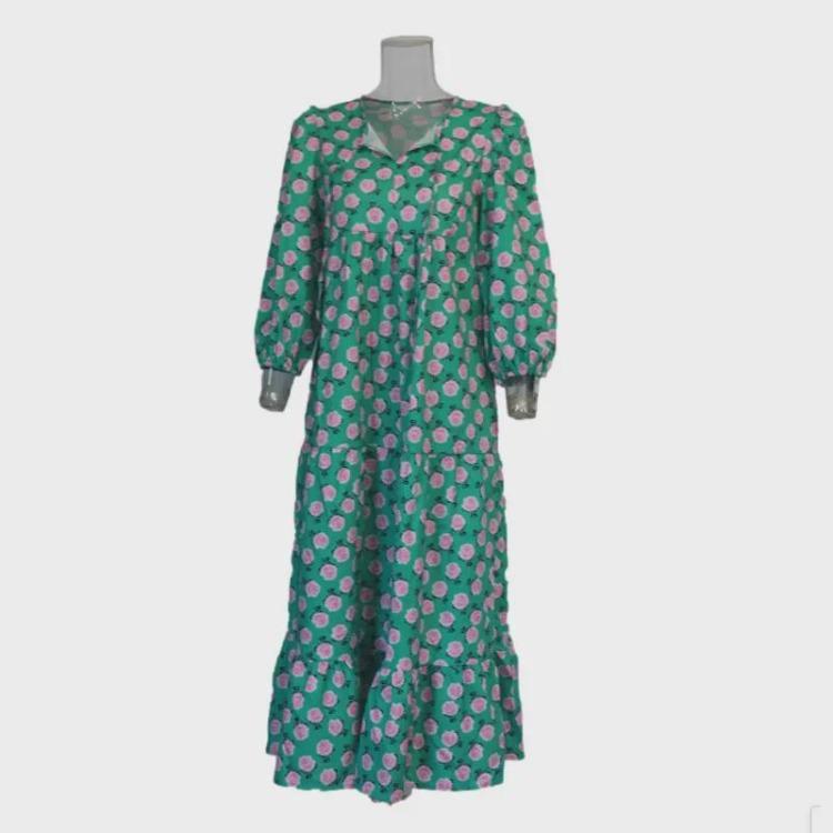 European American Women Maxi Dress Geometric Puff Sleeve Street Style