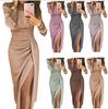 Women's Off-Shoulder Long Sleeve Ruched Slit Glitter Evening Dress