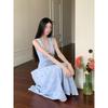 Women's Summer Blue Sleeveless Unique and Beautiful Waist Pinch Dress Summer Temperament Lace Splicing Hollow Dress