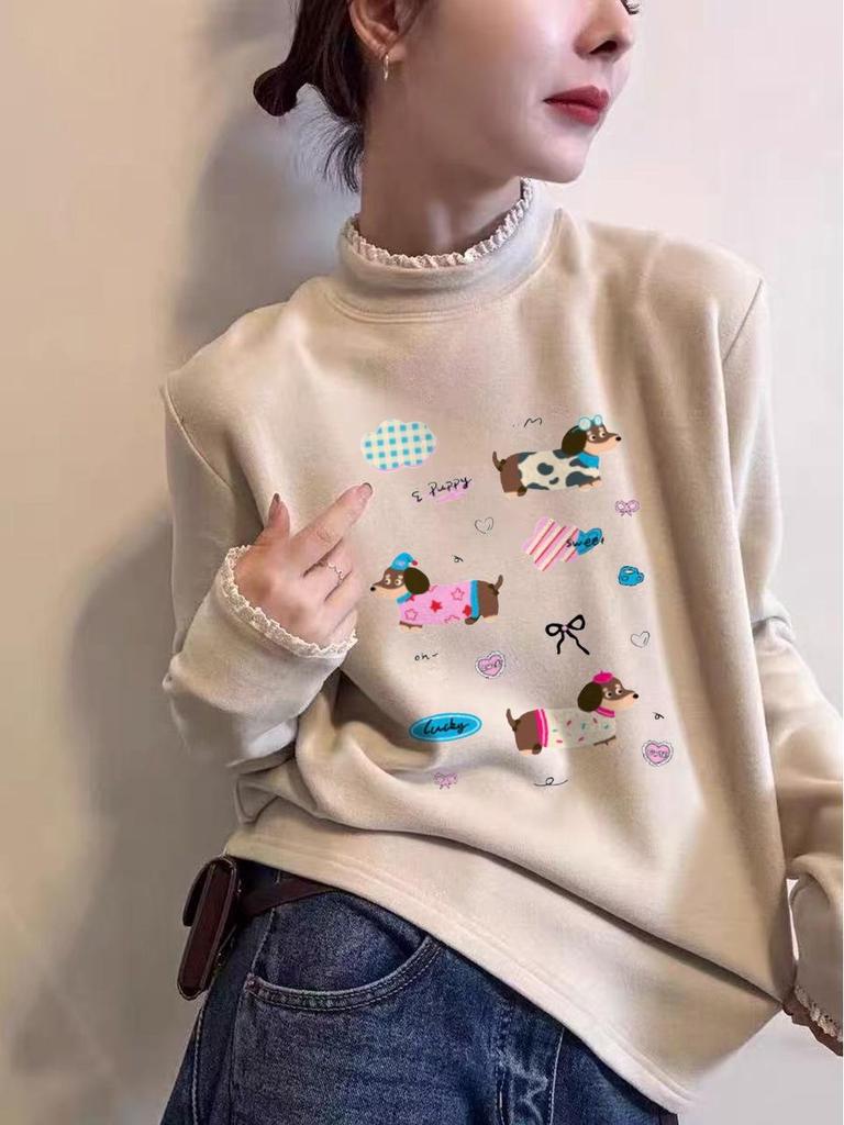 Lace Collar Cartoon Print Velvet T-Shirt: 2025 Autumn/Winter, Plus Size, Half-High Collar, Long Sleeve, Women's Trendy Style