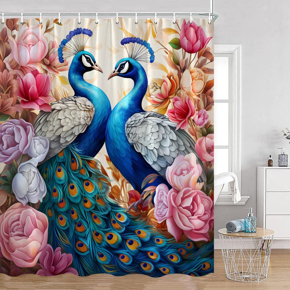 Peacock Shower Curtain Beautiful Blue Bird Pink Flower Tree Chinese Style Elegant Bath Curtain Modern Bathroom Decor with Hook