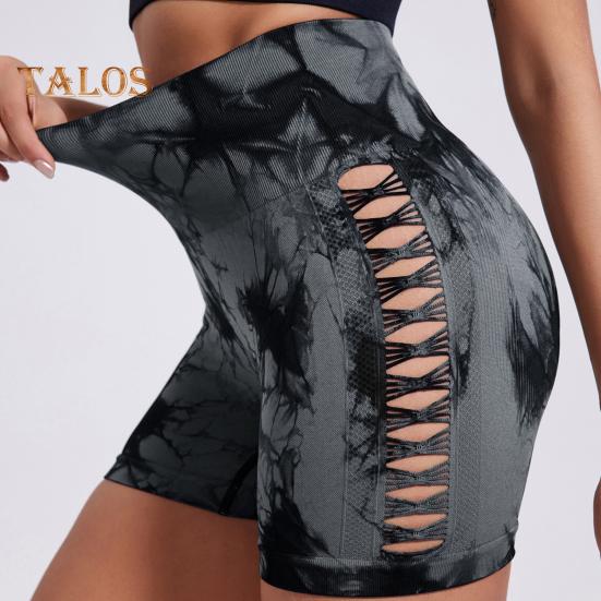 Short de yoga coupe slim haute élasticité contrôle du ventre sans couture séchage rapide tie-dye ajouré anti-exposition fesses relevées taille haute douce jogging course à pied
