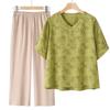 Women's Silk & Linen Embroidered Two-Piece Set: Short-Sleeve T-Shirt & Pants, Summer 2026 New Style for Middle-Aged Moms